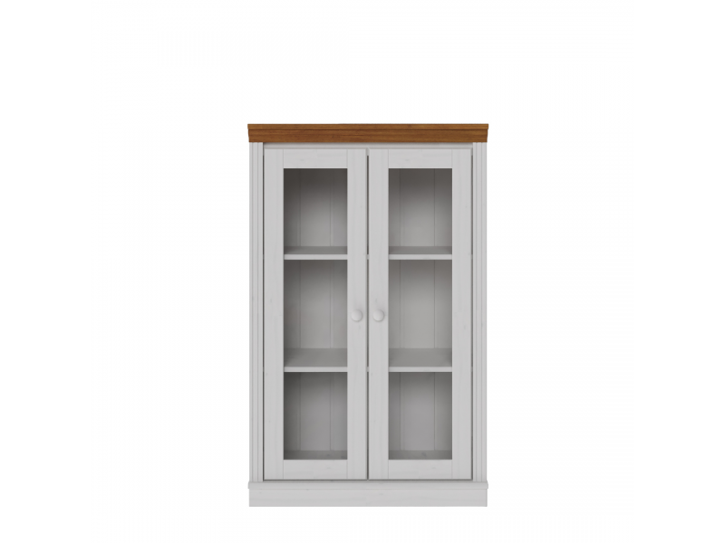 Estante de madeira com 1,19 m na cor branco lavado e mel e duas portas de vidro / Coleção biblioteca